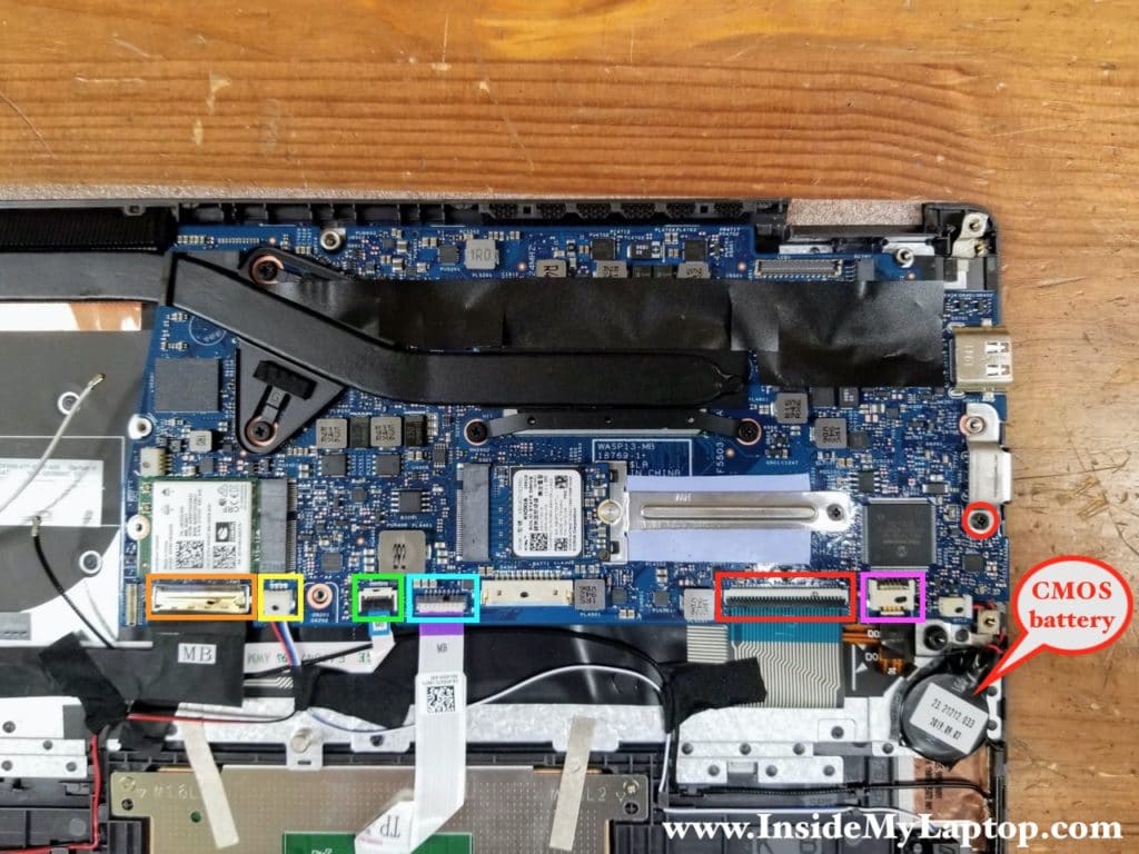 To remove the motherboard it's necessary to remove one screw and disconnect all shown cables.