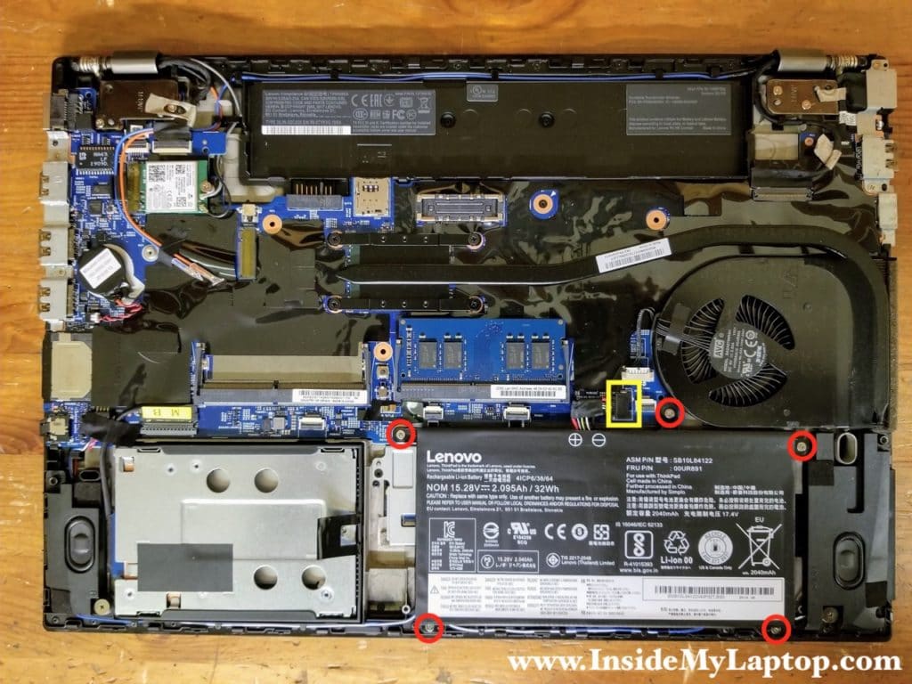 Remove five screws from the battery and disconnect the battery cable from the motherboard.