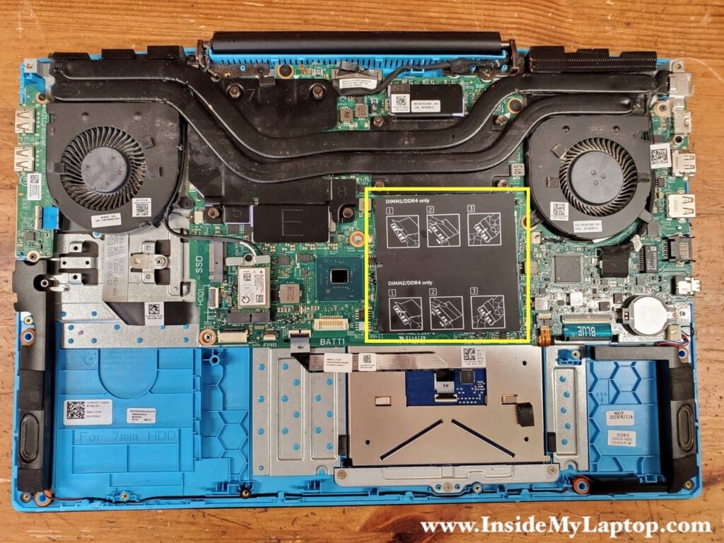 Dell G3 15 3590 laptop has two removable memory (RAM) modules. You can find them under the black mylar cover.